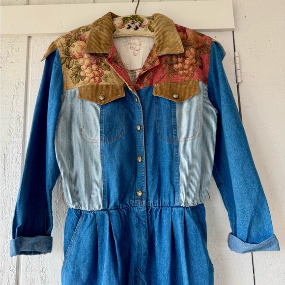 VTG 80s PG Collections Ginger Bort Patchwork Denim Jumpsuit 12 Mixed Print 90s - Picture 4 of 11